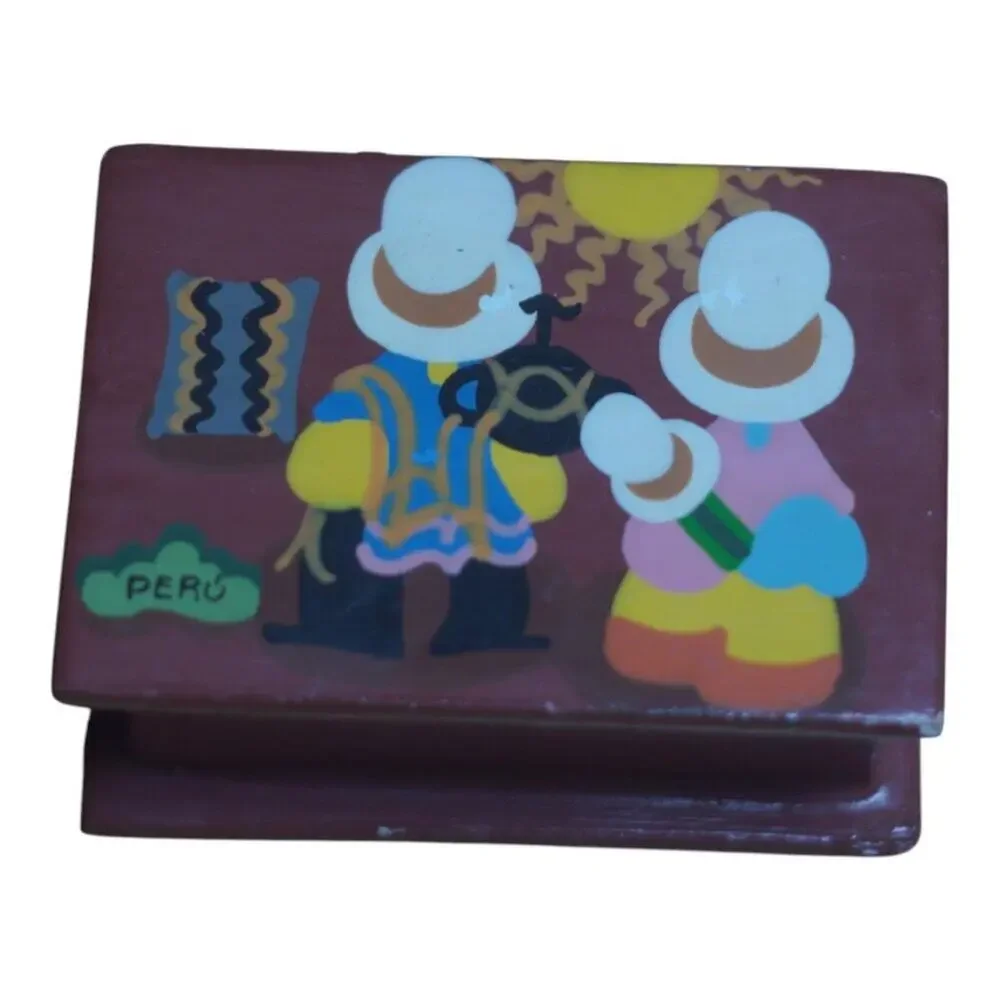 Handpainted Wooden Trinket Box | Folk Art | Marked Peru Folk Art Collectible